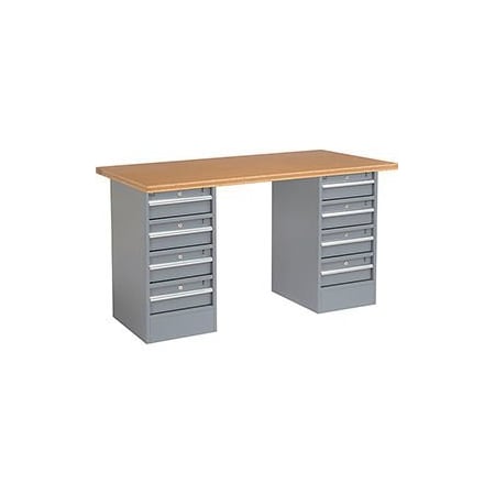Global Equipment 72"W x 30"D Pedestal Workbench - 8 Drawers, Shop Top Square Edge - Gray 300742